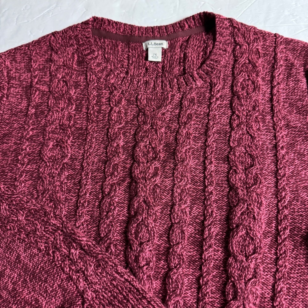 LL Bean Womens 2X Burgundy Cable Knit Cotton Sweater Crew Neck